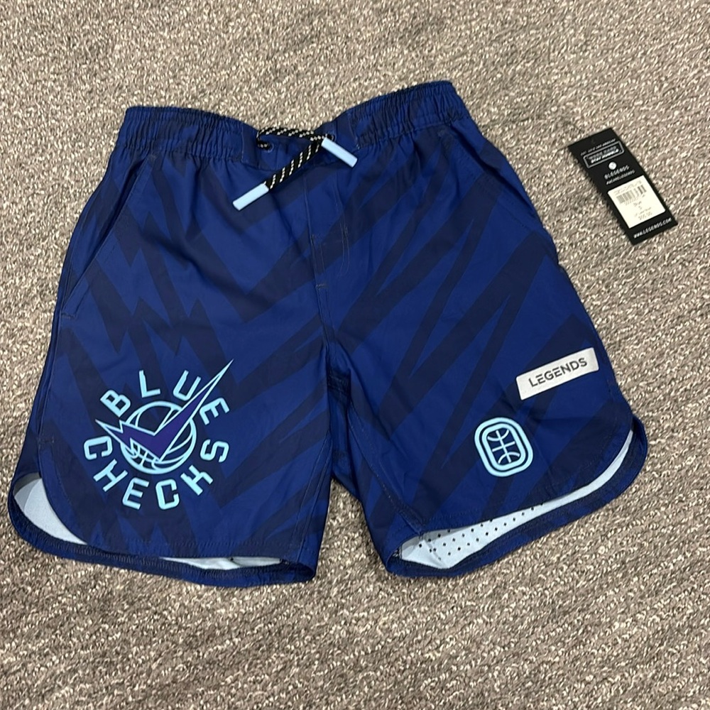 KIDS BLUE CHECKS MELO PERFORMANCE SHORTS, small, NWT